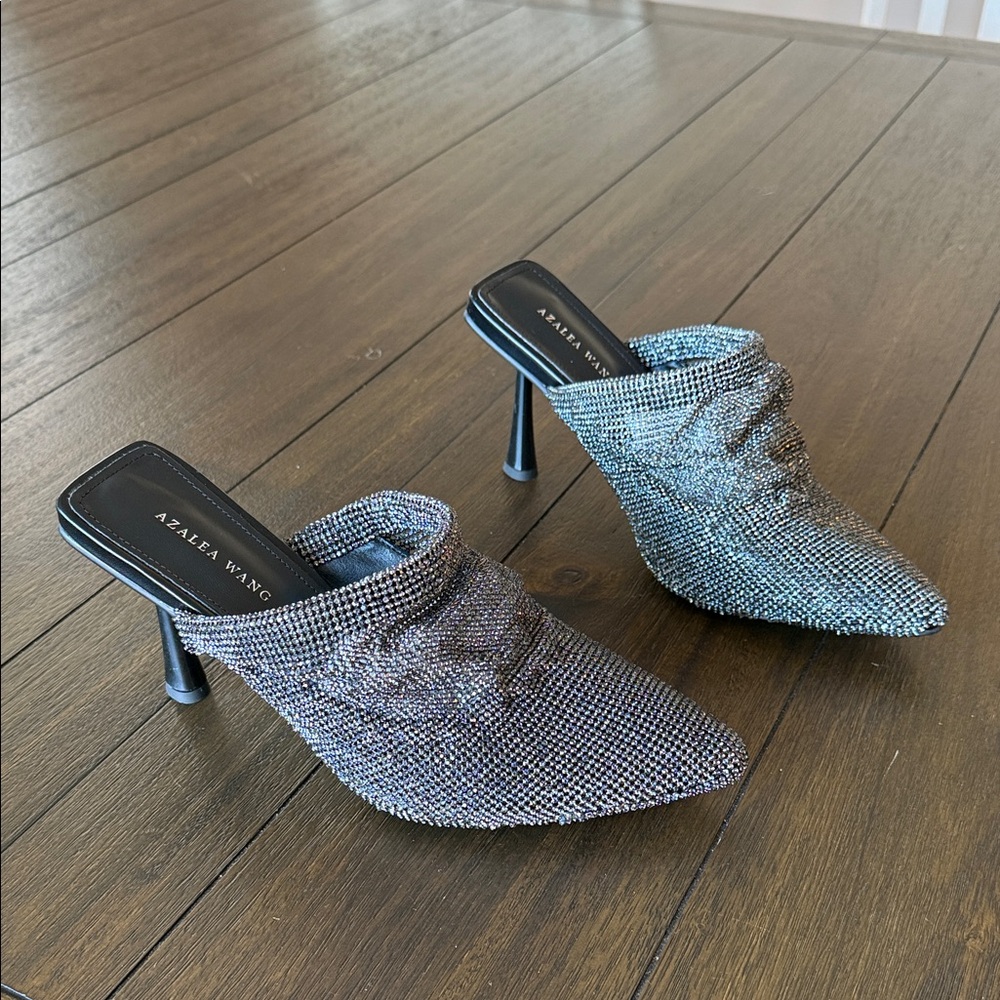 Azalea Wang “Rain” Black Rhinestone Mesh Mule Heels – Glam Party Wedding